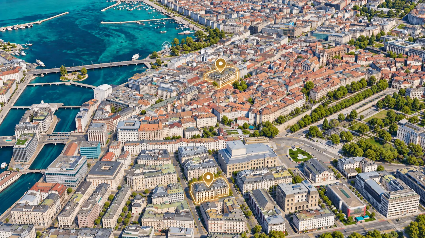 Aerial view of Geneva with two prime addresses identified in the city centre