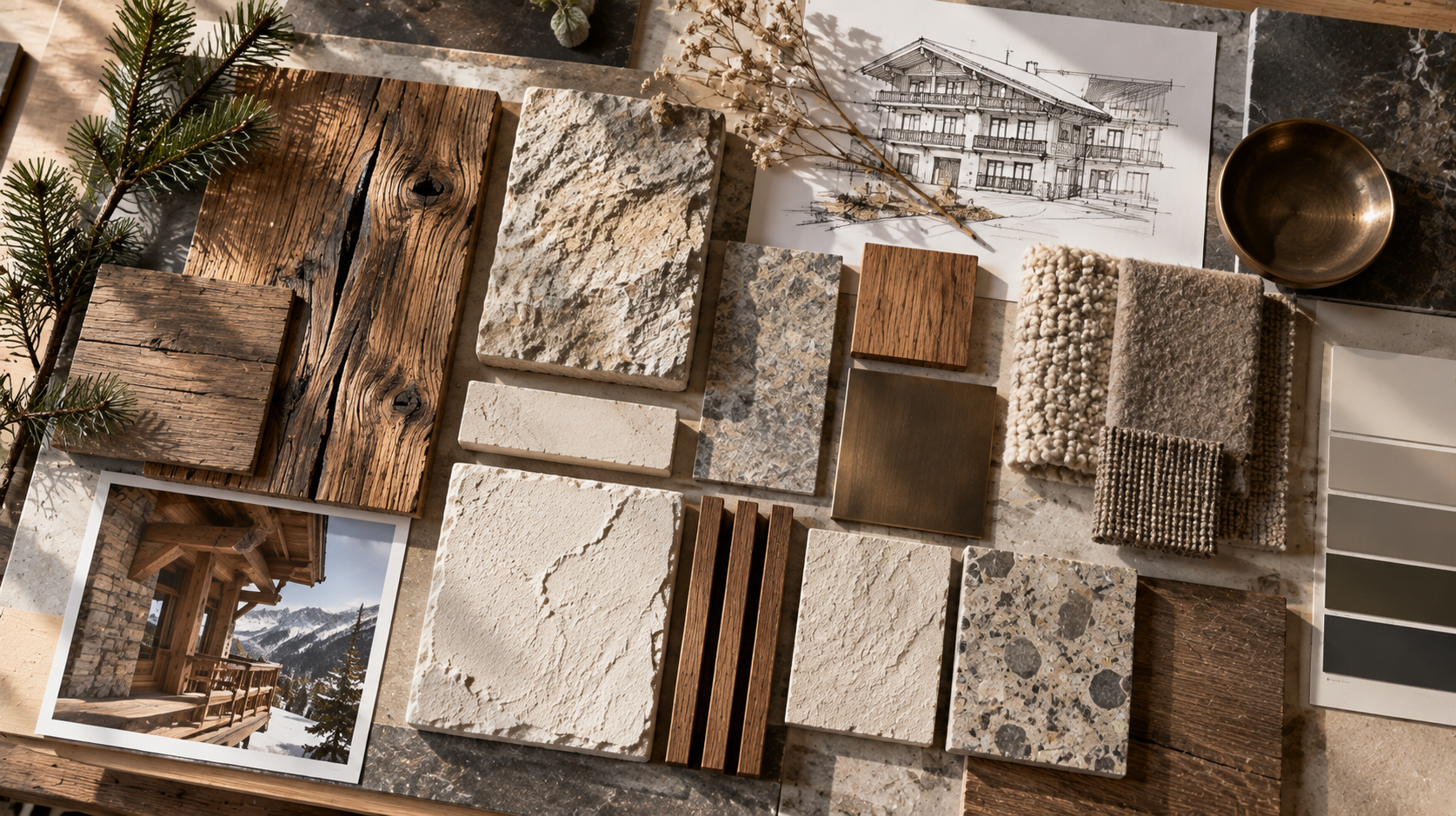 Material board: aged wood, natural stone, bronze, textiles and architectural sketch