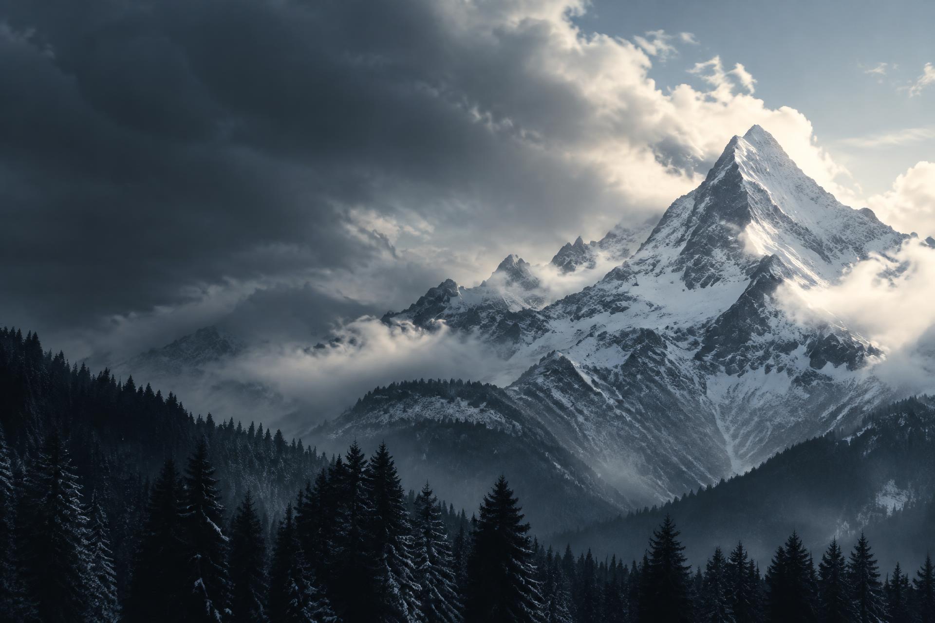 Snow-capped peak above a fir forest in the Swiss Alps